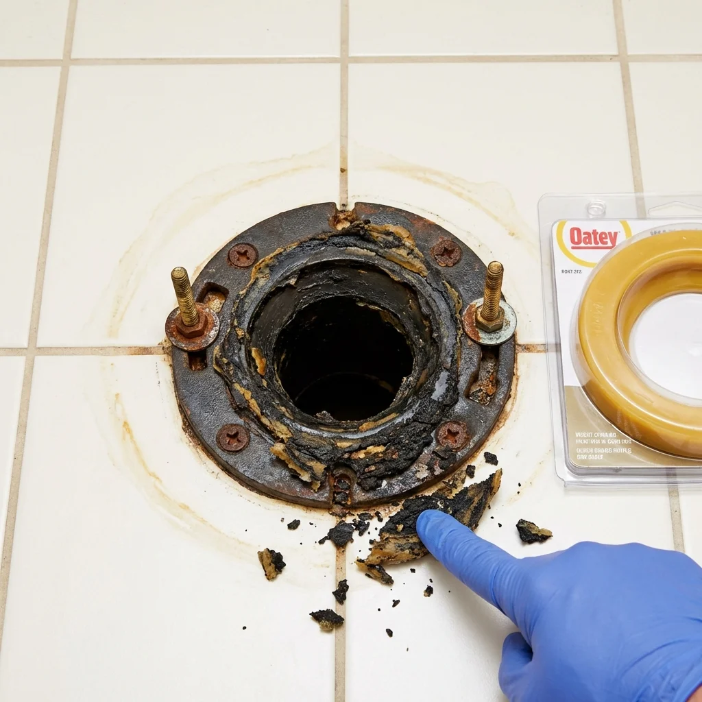 Failed wax ring showing water seepage at the base of a toilet in a Stanton, MI home