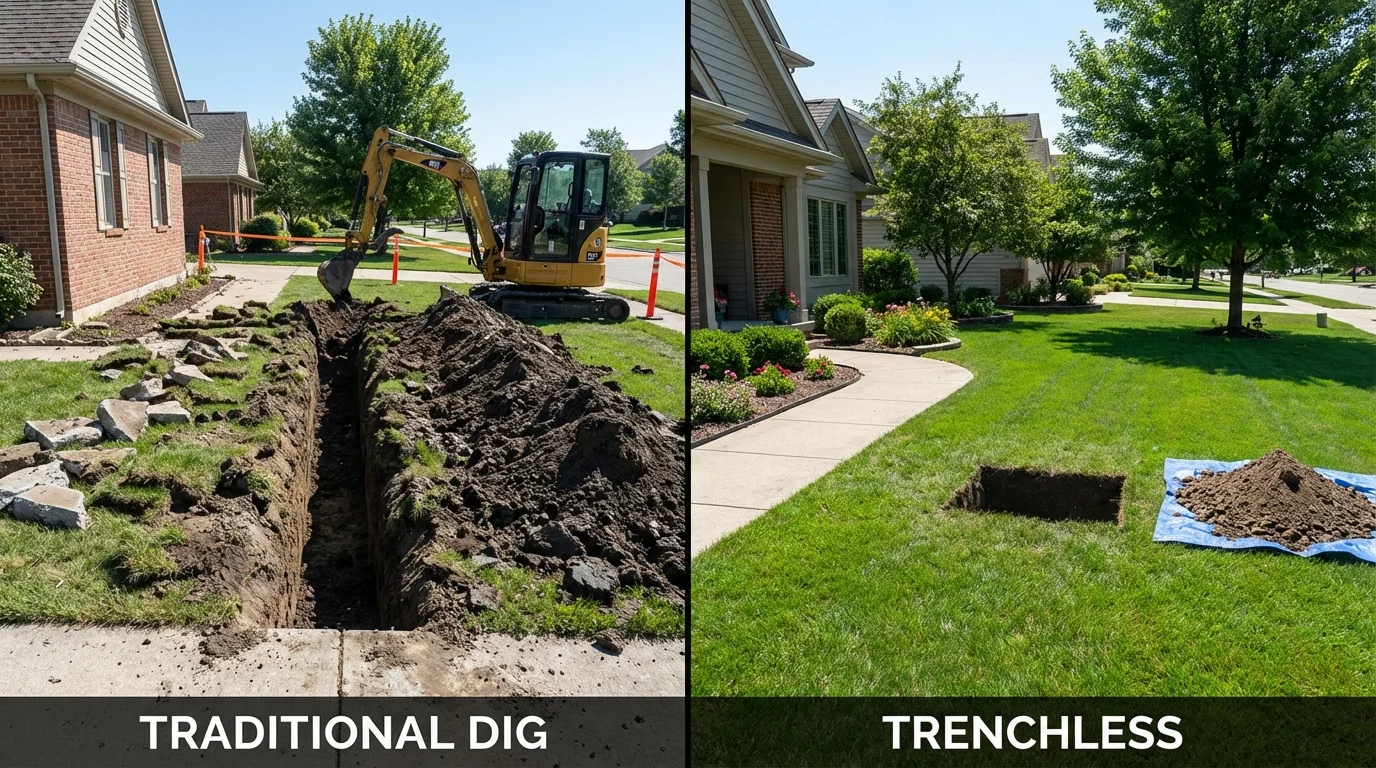 Trenchless sewer repair with minimal yard damage versus traditional excavation in Stanton, MI