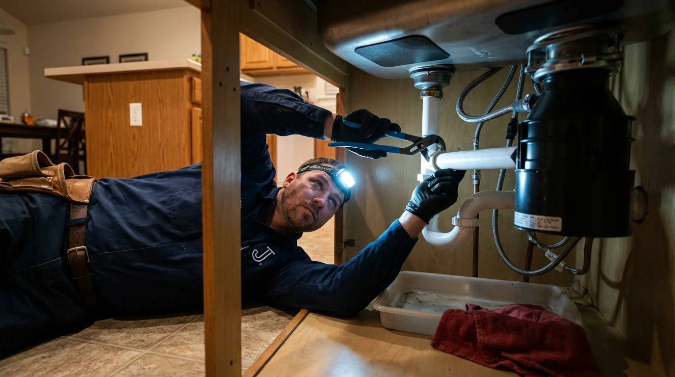P-trap and supply line connections under a kitchen sink showing a common leak point in Stanton, MI